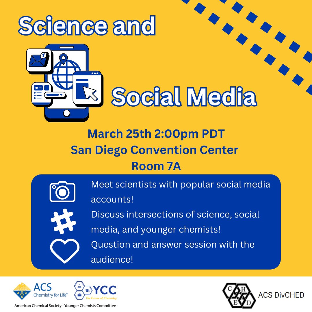 Today! Join the YCC for our Science and Social Media event on March 25th at 2:00pm PDT in room 7A at the Convention Center! Meet scientists with popular social media accounts and discuss intersections of science, social media, and young chemists. Q&amp;A to follow!