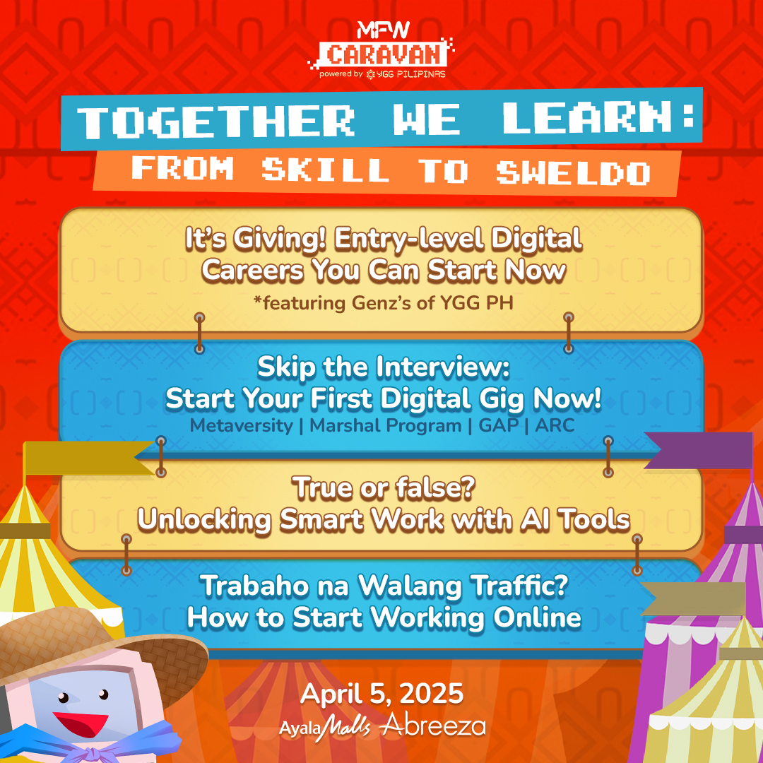 MFWCaravan's tweet photo. Handa ka na bang gawing sweldo ang skills mo? 💼

Sa MFW Caravan Davao, matuto kung paano simulan ang iyong digital career, gamitin ang AI for productivity, at kunin ang online raket na swak sa’yo! https://t.co/lhNm5uV85L