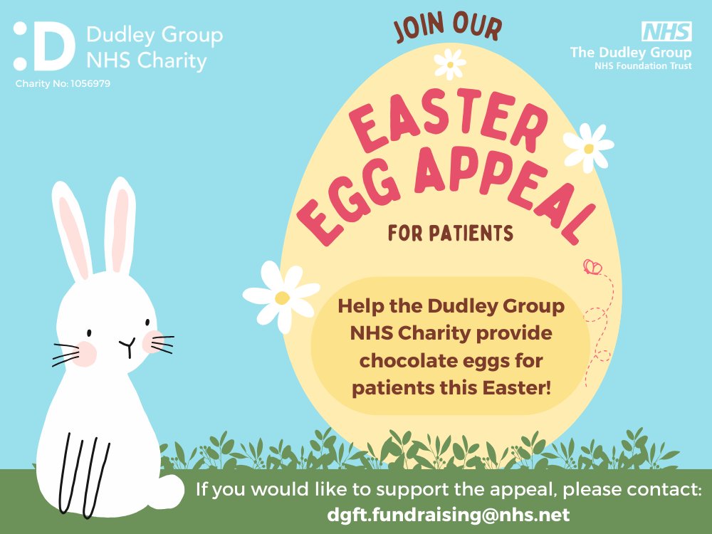 DGNHS Charity 💙 (@dgnhscharity) on Twitter photo Help spread joy this Easter with the <a href="/DGNHSCharity/">DGNHS Charity 💙</a>'s Easter Egg Appeal! We're asking the local community to donate Easter eggs, ensuring patients at the <a href="/DudleyGroupNHS/">The Dudley Group</a> get to enjoy a sweet treat. Please donate by 4th April. Contact us to help make this Easter extra special! Help spread joy this Easter with the <a href="/DGNHSCharity/">DGNHS Charity 💙</a>'s Easter Egg Appeal! We're asking the local community to donate Easter eggs, ensuring patients at the <a href="/DudleyGroupNHS/">The Dudley Group</a> get to enjoy a sweet treat. Please donate by 4th April. Contact us to help make this Easter extra special!