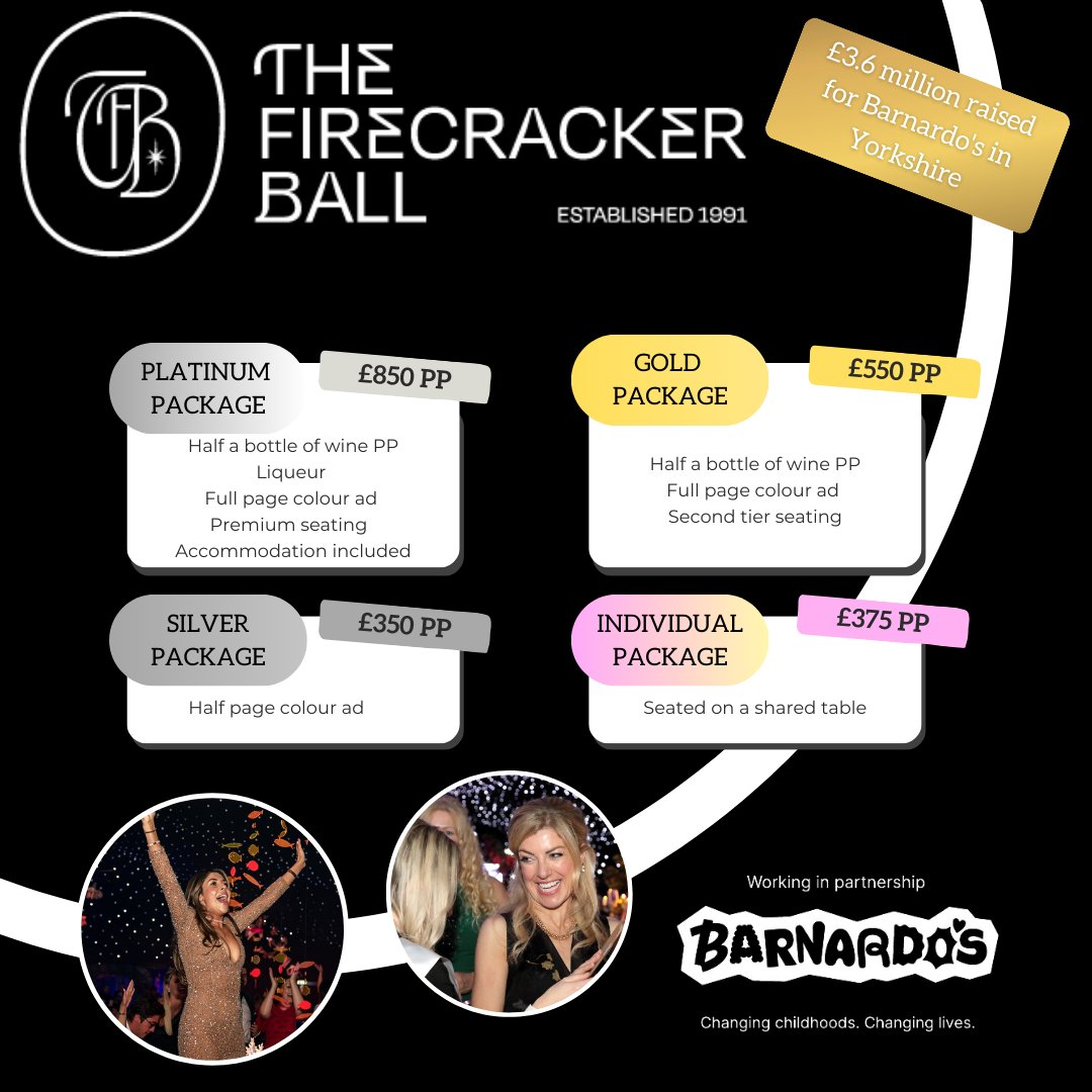 Firecracker Ball (@firecrackerball) on Twitter photo Secure your place a with a 25% deposit today.
All packages include:
🍾 Champagne reception
🍴 Canapés, 3-course dinner, coffee & petit fours
🎶 High-class entertainment
Don’t delay – secure your table now and be part of something spectacular in aid of <a href="/barnardos/">Barnardo’s</a>! Secure your place a with a 25% deposit today.
All packages include:
🍾 Champagne reception
🍴 Canapés, 3-course dinner, coffee & petit fours
🎶 High-class entertainment
Don’t delay – secure your table now and be part of something spectacular in aid of <a href="/barnardos/">Barnardo’s</a>!