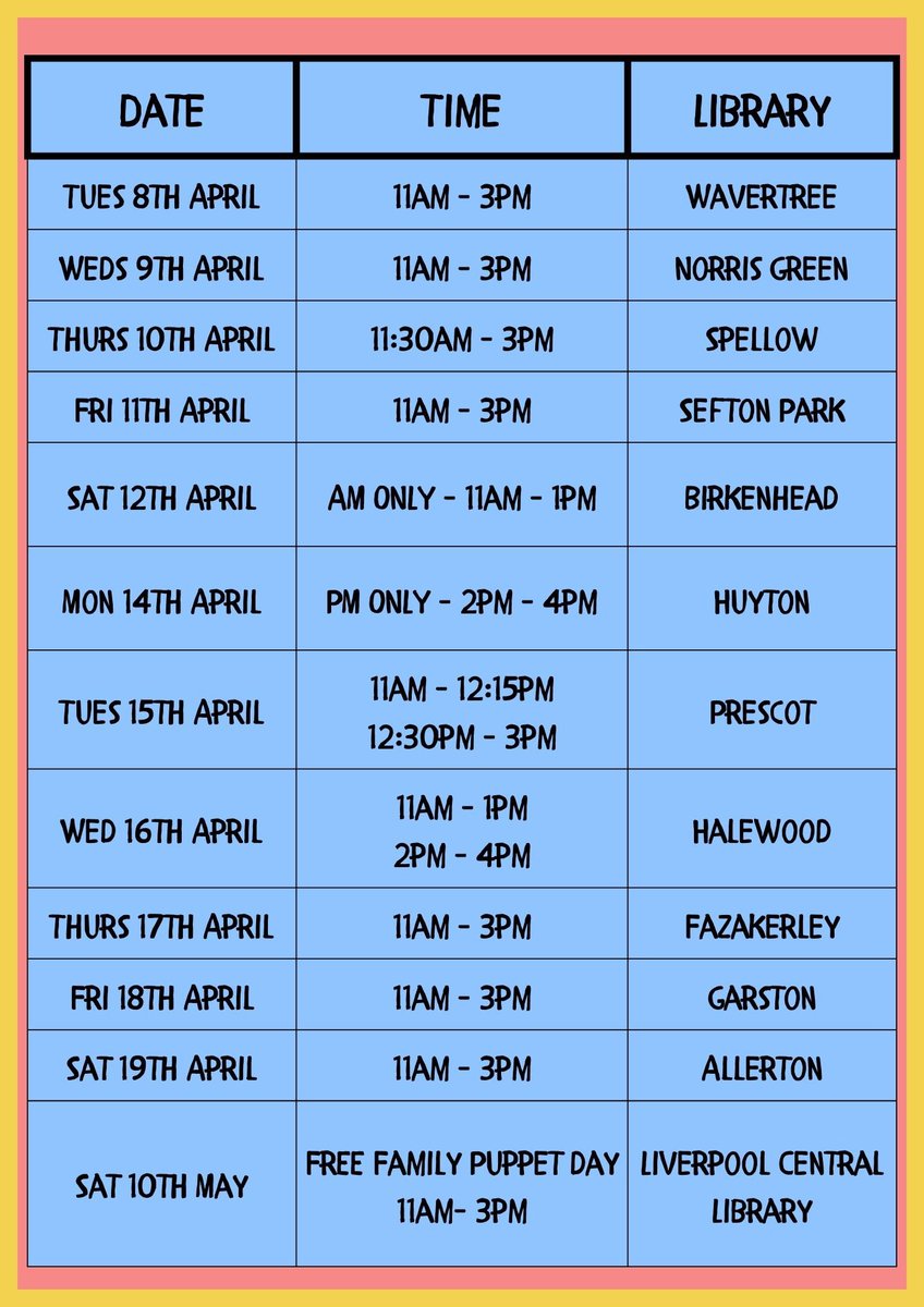 Liverpool Libraries and Information Services (@liverpoollib) on Twitter photo ALL FREE!
Shadow Puppetry for children aged 7-13
across LCR libraries finishing with a celebratory free FAMILY Puppet Day on Saturday 10th May <a href="/Lpoolcentlib/">Liverpool Central Library and Archives</a>
The 11am-3pm sessions include a 1 hour break with Free Healthy Food/snacks provided.
Reserve a place artgroupie@outlook ALL FREE!
Shadow Puppetry for children aged 7-13
across LCR libraries finishing with a celebratory free FAMILY Puppet Day on Saturday 10th May <a href="/Lpoolcentlib/">Liverpool Central Library and Archives</a>
The 11am-3pm sessions include a 1 hour break with Free Healthy Food/snacks provided.
Reserve a place artgroupie@outlook
