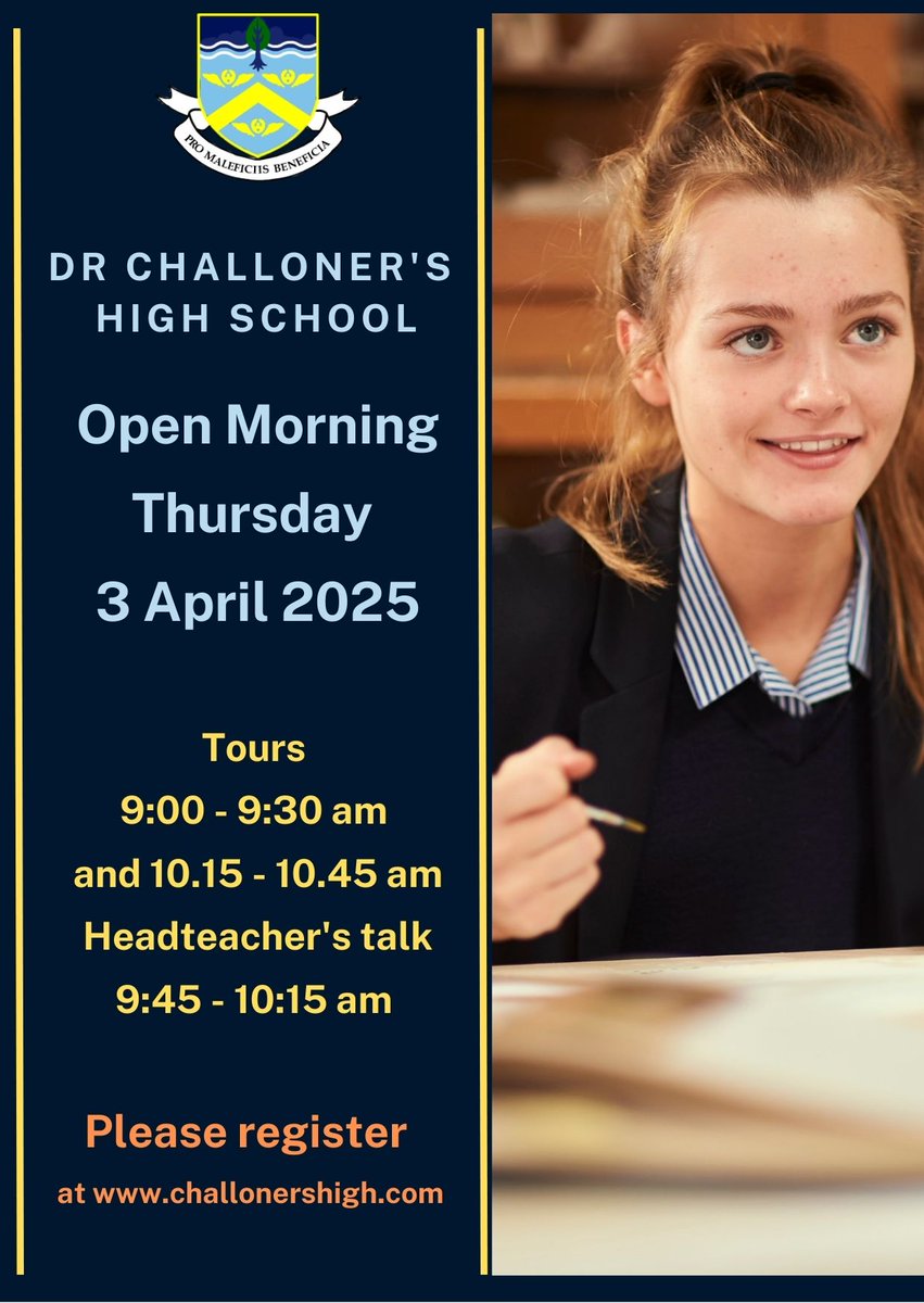 Join us next week, Thursday 3 April, for our Open Morning. There are two school tours available, and a Headteacher's talk at 9.45am, so it's a great opportunity to see our wonderful school in action. Booking is easy  via the school website - challonershigh.com.
