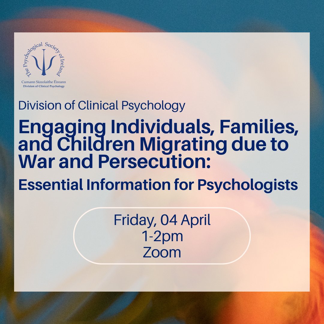 Psychological Society of Ireland (@psychsocireland) on Twitter photo Join <a href="/DCPPSI/">PSI Clin. Psychology</a> for this webinar aimed at supporting psychologists working with forced migrants. The session will answer key questions and provide insights to help psychologists confidently support refugee populations.
Register now: bit.ly/44mHR Join <a href="/DCPPSI/">PSI Clin. Psychology</a> for this webinar aimed at supporting psychologists working with forced migrants. The session will answer key questions and provide insights to help psychologists confidently support refugee populations.
Register now: bit.ly/44mHR