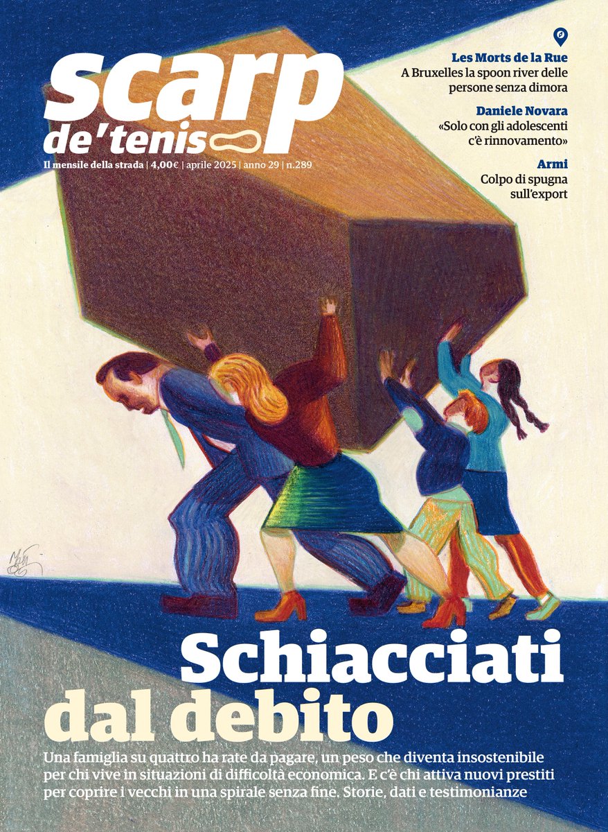 "Schiacciati dal debito". L'illustrazione, straordinaria, di Lorenzo #Mattotti per il nuovo <a href="/scarpdetenis/">Scarp de' tenis</a>, rinnovato nella veste grafica e in alcuni contenuti. Da oggi in anteprima su shop.scarpdetenis.it e da sabato in strada dai nostri venditori in pettorina rossa.