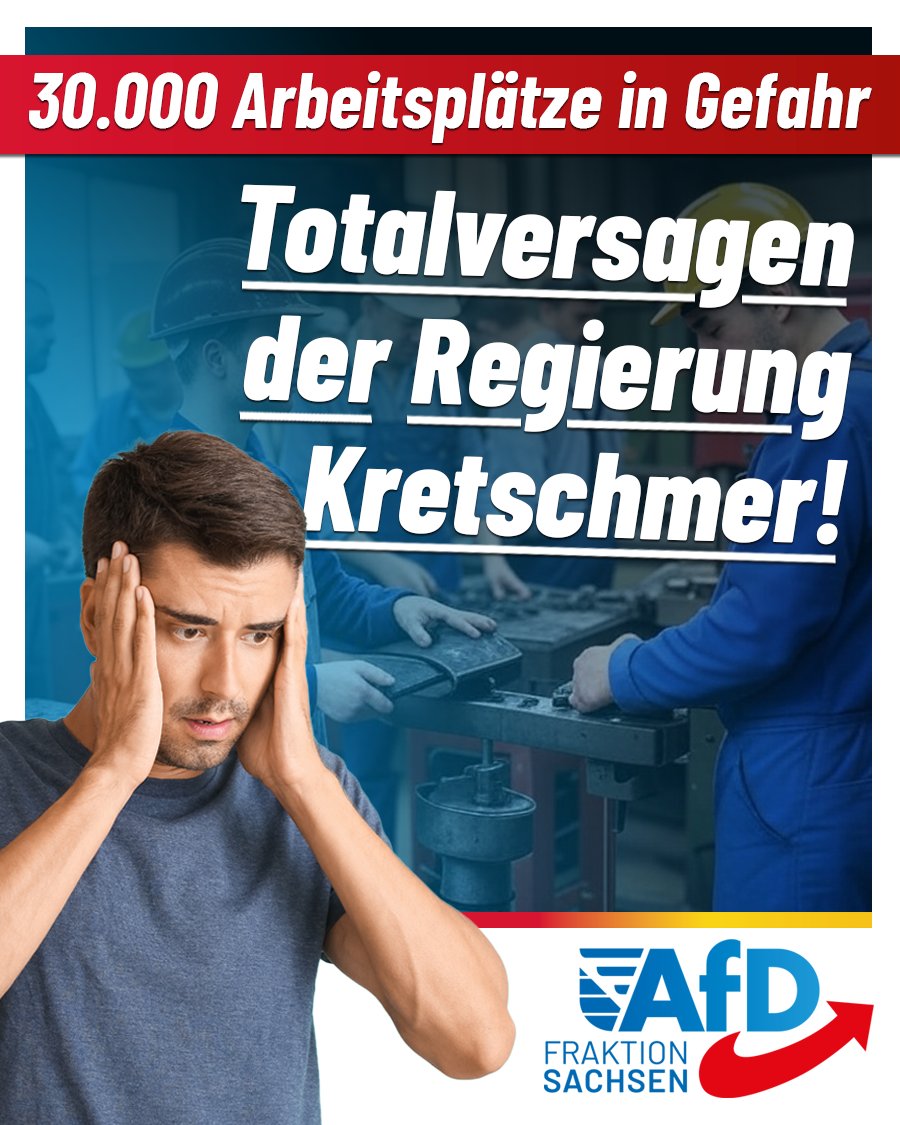 AfD_SLT's tweet image. Die sächsische #Metall- und #Elektroindustrie warnt vor dem Verlust von 30.000 Arbeitsplätzen. In den letzten eineinhalb Jahren fielen bereits 5.700 Stellen weg.

Der Verband „#Sachsenmetall“ spricht von einem erschütternden „Niedergang“ und einem „wirtschaftspolitischen…