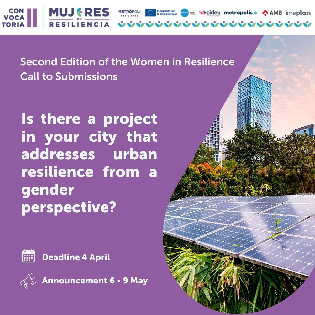 European Metropolitan Authorities (@emametropolitan) on Twitter photo Does your city have a project that tackles urban resilience with a gender perspective?🌎🟣
📣Participate in the 2nd edition of the #WomenInResilience call for proposals.
More information👉drive.google.com/drive/folders/…
<a href="/CIDEU/">CIDEU</a> <a href="/IMEPLAN/">Imeplan</a> <a href="/metropolis_org/">Metropolis</a> <a href="/AMB_MetroGlobal/">AMB - Àrea d'Internacional i Metròpolis Digital</a> Does your city have a project that tackles urban resilience with a gender perspective?🌎🟣
📣Participate in the 2nd edition of the #WomenInResilience call for proposals.
More information👉drive.google.com/drive/folders/…
<a href="/CIDEU/">CIDEU</a> <a href="/IMEPLAN/">Imeplan</a> <a href="/metropolis_org/">Metropolis</a> <a href="/AMB_MetroGlobal/">AMB - Àrea d'Internacional i Metròpolis Digital</a>