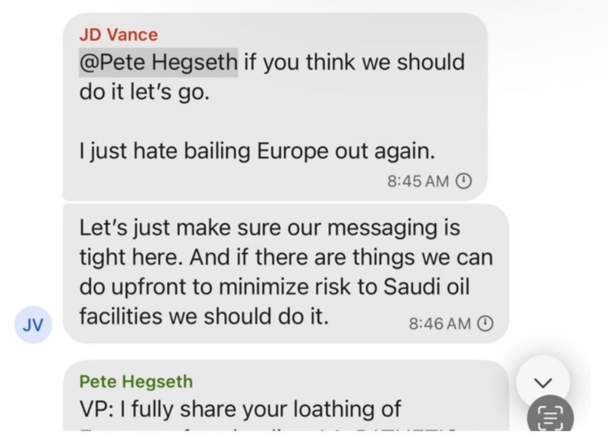 SimonDixonTwitt's tweet photo. 🇺🇸🇾🇪🇪🇺🇪🇬 The #Trump admin accidentally added Jeffrey Goldberg—Zionist, ex-IDF, and editor-in-chief of The Atlantic—to a group chat revealing U.S. war plans for #Yemen.

U.S. national security officials discussed upcoming military strikes—in a chat that included the journalist who cheerled the Iraq War.

Incompetence? 

Or something deeper?

From the leaked texts, it’s clear the U.S.:

1. Doesn’t understand the Houthis

2.Blames Biden & Iran by default as a strategy.

https://t.co/O6UuquGd56 it will “secure” Red Sea trade (doubtful)

4.Wants to “restore deterrence” (won’t happen)

https://t.co/PDFUZLOja4 blaming Egypt & Europe because they benefit most from stabilizing the Suez choke point. 

This may seem like a mistake—but Goldberg’s background suggests otherwise.

Could be a psyop.

Could be internal sabotage.

Could be about dragging the region further into chaos to justify Israeli escalation.

Bottom line:

🇮🇱 Disrupting Egypt & Turkey = advantage for Israel.

🇮🇱 Blocking GCC peace deal = advantage for Israel.

🇮🇱 Escalating war = advantage for Netanyahu.

🇺🇸 All of the above = bad for America, safe return of hostages & peace in the Middle East.

Why is the Trump Administration so Israel-First at the expense of America-First? 

These messages help us understand.

💰 Follow The Money 

https://t.co/Rx1FQQBxiR