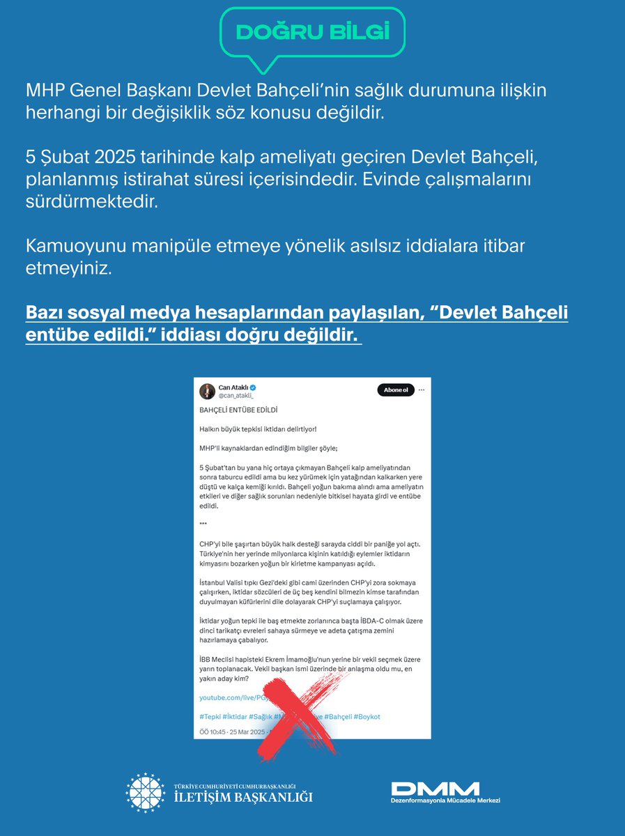 Bazı sosyal medya hesaplarından paylaşılan, “Devlet Bahçeli entübe edildi.” iddiası doğru değildir. 

MHP Genel Başkanı Devlet Bahçeli’nin sağlık durumuna ilişkin herhangi bir değişiklik söz konusu değildir. 

5 Şubat 2025 tarihinde kalp ameliyatı geçiren Devlet Bahçeli,