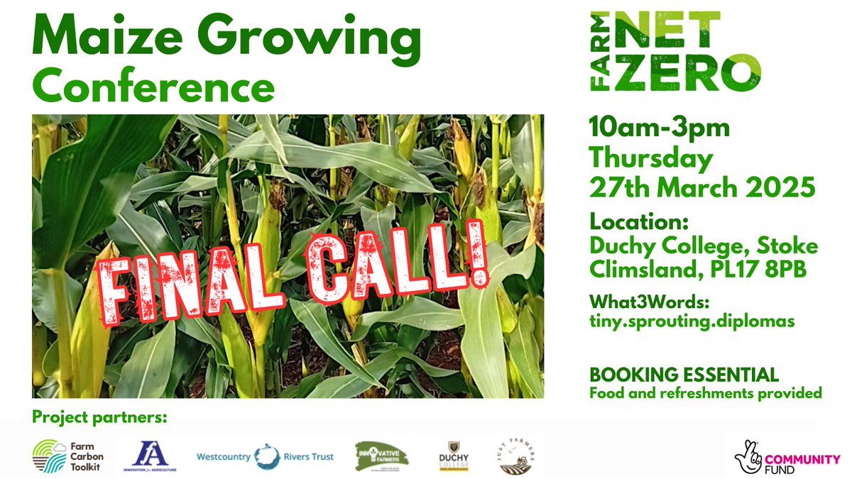 Maize frequently comes under fire for the risk of soil erosion and runoff. Join this #FarmNetZero event to explore the latest research on alternative methods. Book your FREE place!👇 eventbrite.co.uk/e/maize-growin…
<a href="/IFarmers/">Innovative Farmers</a> <a href="/duchyRBS/">RuralBusinessSchool</a> <a href="/WestcountryRT/">Westcountry Rivers Trust</a> <a href="/FWAGSouthWest/">FWAG SouthWest</a>