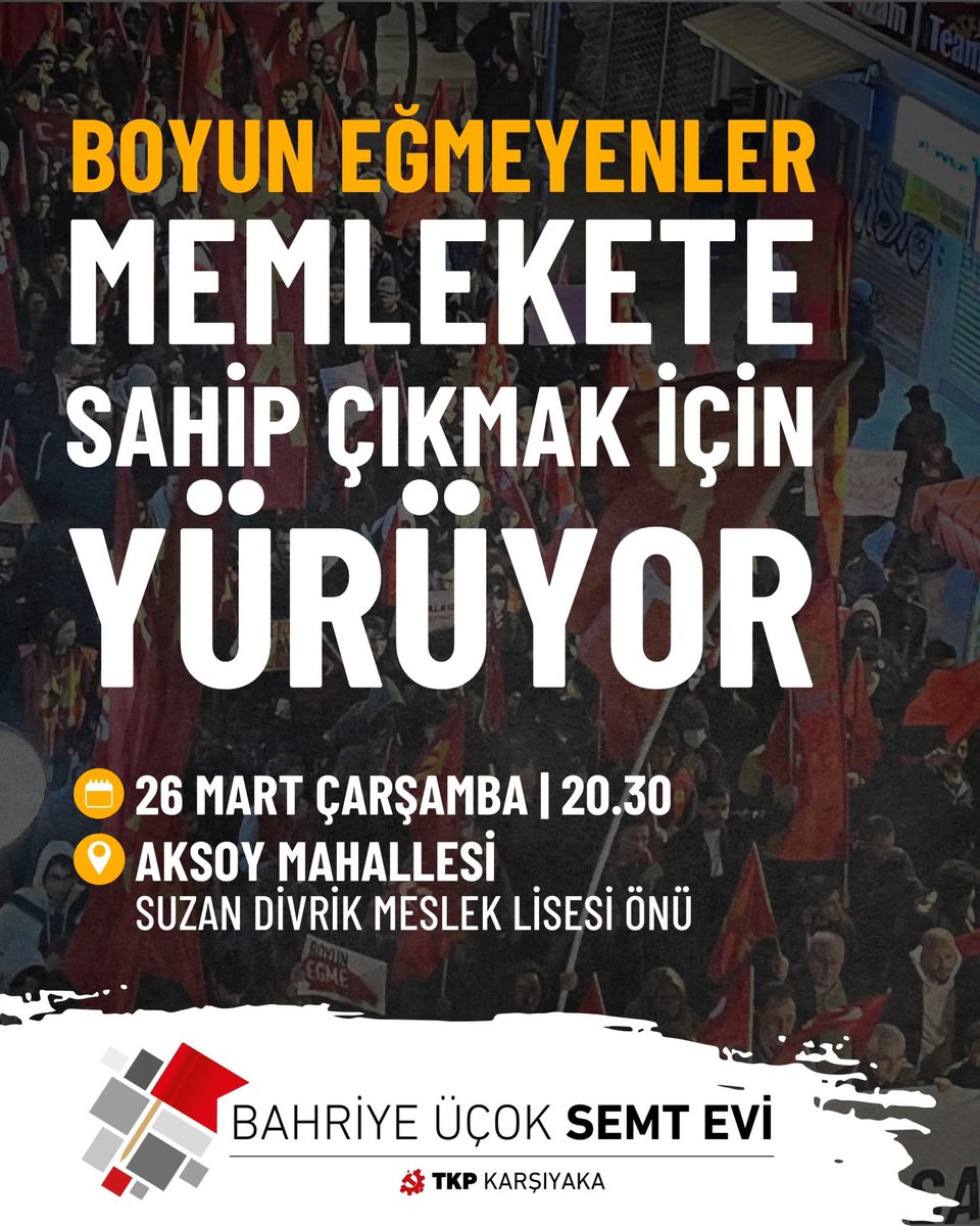 Tüm Karşıyakalıları AKP zorbalığına ve gericiliğe karşı “Boyun Eğme” demek için mahallemizde buluşmaya çağırıyoruz.

📆 26 Mart Çarşamba
🕚 20:30
📍 Aksoy Mahallesi Suzan Divrik Meslek Lisesi Önü
