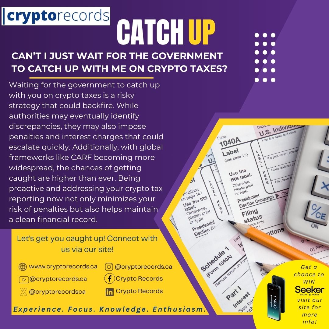 cryptorecordsca's tweet photo. Can’t I just wait for the government to catch up with me on crypto taxes?

Waiting for the government to catch up with you on crypto taxes is a risky strategy that could backfire. 

Let’s get you caught up! Connect with us via https://t.co/xk9my4Ec3G

#cryptotax #taxes https://t.co/e1jXBXQv9x