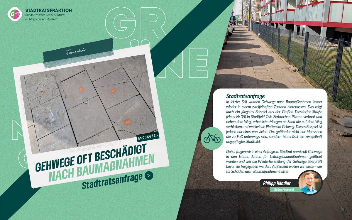 Immer wieder beschweren sich Anwohner*innen, dass Fußwege nach Baumaßnahmen z.B. für Leitungen in einem noch schlechteren Zustand zurückgelassen werden als vorher. Daher fragen wir nach wie das sein kann:
ratsinfo.magdeburg.de/vo0050.asp?__k…