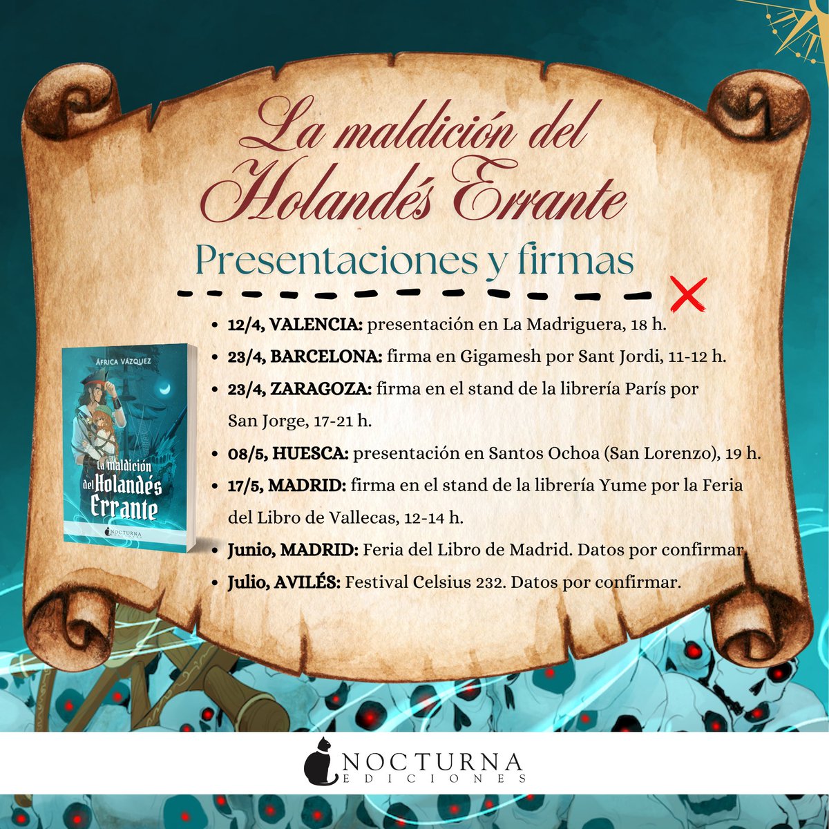 Noctámbulos, ¡el Holandés Errante está a punto de zarpar! ⚓️ Estas son todas las presentaciones y firmas confirmadas hasta la fecha. 

🏴‍☠️África Vázquez: #LaMaldiciónDelHolandésErrante (7/4)
🏴‍☠️Cubierta de <a href="/ReiRei_MV/">Rei Rei ✨I draw for living ✨</a>
