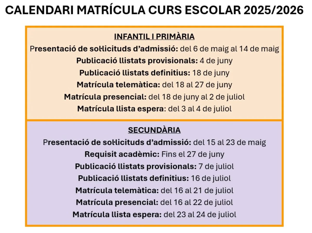 CALENDARI MATRÍCULA CURS ESCOLAR 2025/2026