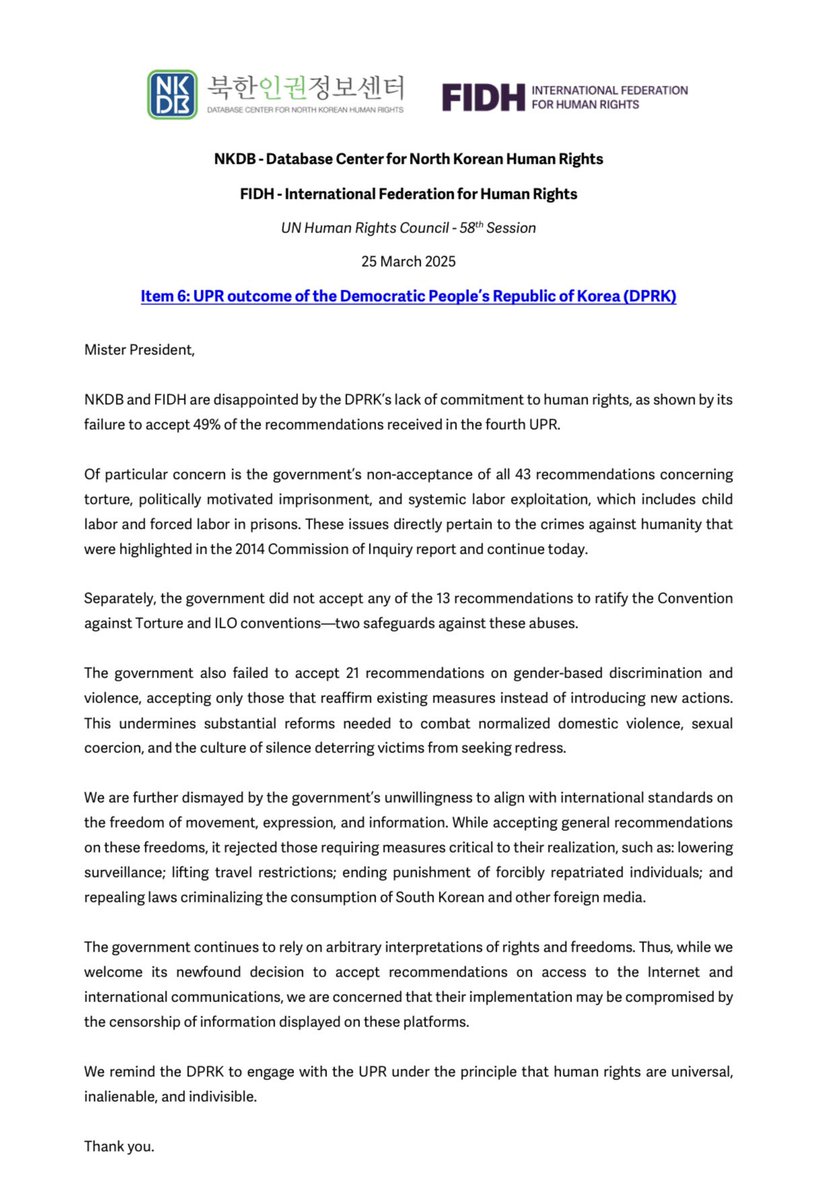 #NorthKorea: “NKDB and FIDH are disappointed by the #DPRK’s lack of commitment to human rights, as shown by its failure to accept 49% of the recommendations received in the fourth UPR.” - Full text of the oral statement at #HRC58 fidh.org/en/region/asia…