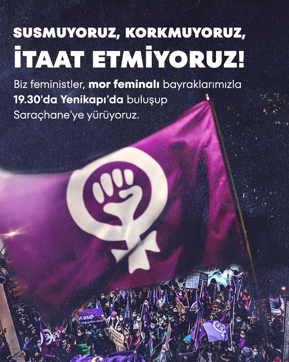 aralikfeminist's tweet photo. Susmuyoruz, korkmuyoruz, itaat etmiyoruz!

Kayyımlara, irade gaspına, yaşadığımız kenti yasaklarla ablukaya alanlara, tek adama, haklarımıza ve kazanımlarımıza yönelik saldırılara karşı bugün saat 19:30’da Yenikapı’da buluşup mor feminalı bayraklarımızla Saraçhane’ye yürüyoruz. https://t.co/uU9fLydL4U