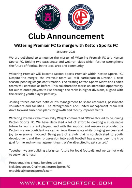 Wittering Premiair FC to Merge with Ketton Sports FC #Pitchero
kettonsportsfc.com/news/wittering…