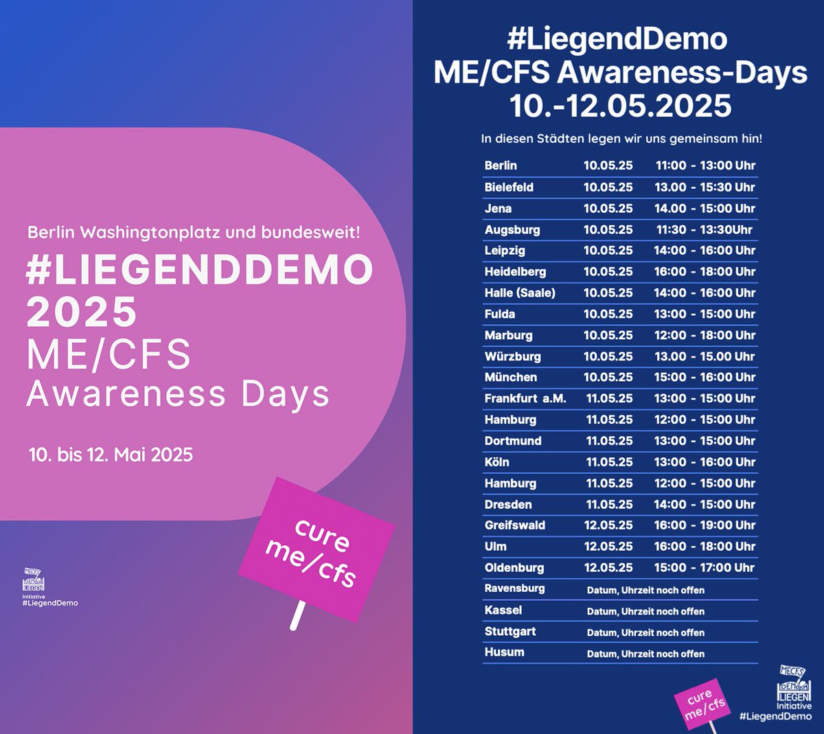 Ihr Lieben 💖 
Die #LiegendDemo2025 steht bevor!🥳 Am 10 und 11. Mai sowie am 12.Mai, dem internationalen ME/CFS-Awareness-Day werden bundesweit Stellvertretende – Freunde, Kolleginnen, Angehörige – für Menschen mit der Erkrankung ME/CFS  auf unseren LiegendDemos demonstrieren.🪧