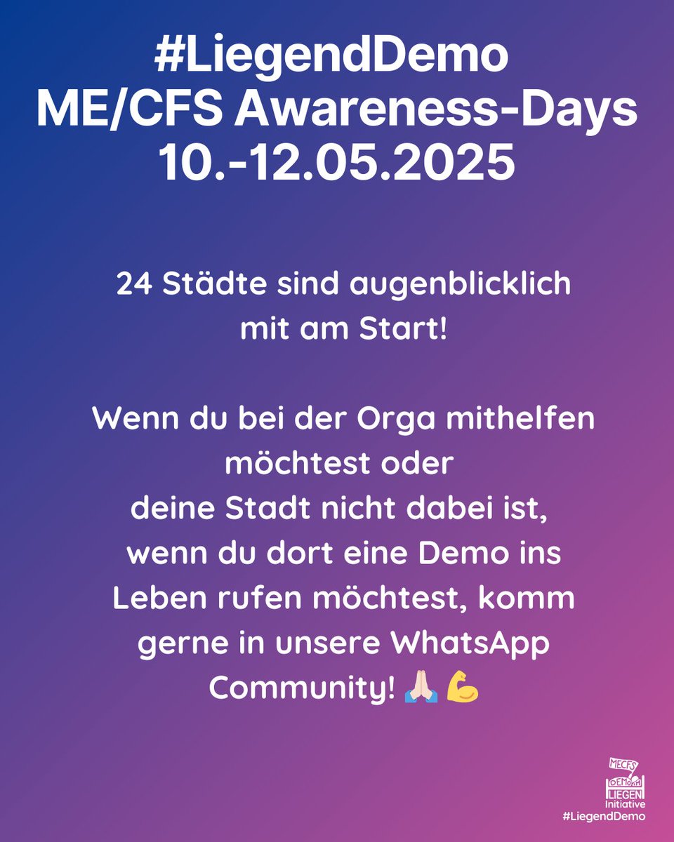 Die ME/CFS betroffenen Menschen sind selbst zu krank um in der Öffentlichkeit auf ihr Leid aufmerksam zu machen.
24 Städte sind bereits dabei – und wir werden mehr!
