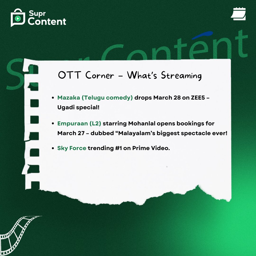 SuprContent's tweet photo. 🔥 Weekly Entertainment Buzz!

This week's screen world is on fire from Sikandar's box office blitz to Allu Arjun’s mytho madness and OTT takeovers! 🎬🔥

#Sikandar #AlluArjun #Mickey17 #NeZha2 #Trivikram #OTTReleases #BoxOfficeNews #CinemaUpdate #CelebrityBuzz #WeeklyRecap https://t.co/LH0yYDCDRw