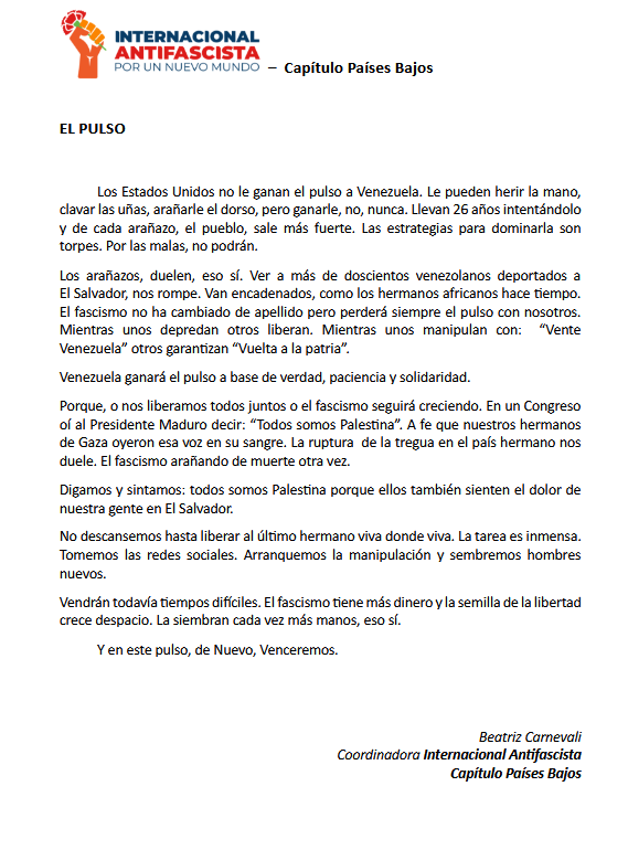 Tras la Asamblea de la Internacional Antifascista, el Capítulo Países Bajos emite el siguiente Comunicado, junto a la genuina expresión de Amor y Solidaridad con Venezuela y los Pueblos del Mundo 
#MigrarNoEsDelito 
#InternacionalAntifascista