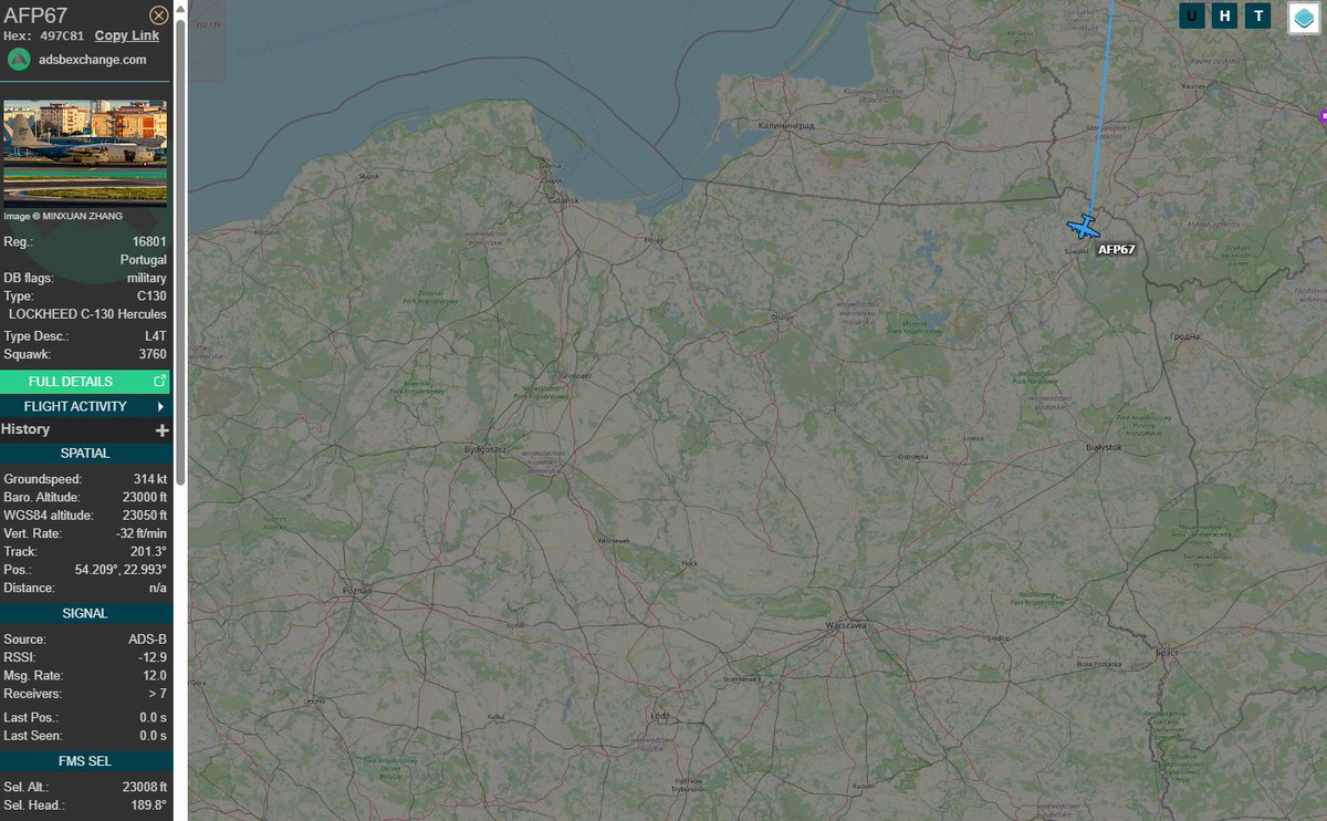 PolishMilRadar's tweet photo. ⌚️25.03 12:25LT
Siły Powietrzne Portugalii🇵🇹
✈️Lockheed C-130H-30 Hercules (L-382) "16801"
#AFP67 na wysokości przelotowej FL230
🛫Baza lotnicza Amarii #EEEI
🛬Baza lotnicza Monijo #LPMT
🔗https://t.co/myn0z5WKec
#POLMILRADAR https://t.co/0UxJWkXIka
