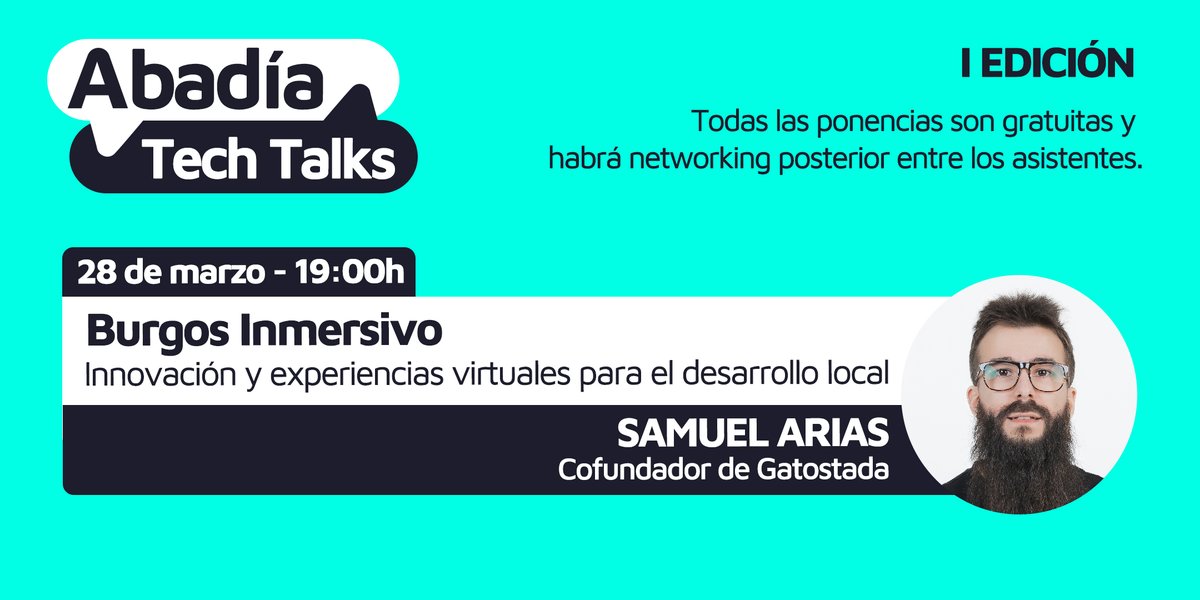 abadiatec's tweet photo. 🏗️ Este viernes a las 19:00h en Abadía Tech Talk podremos disfruta de la ponencia 'Burgos Inmersivo', en la que Samuel Arias Tejedor nos hablará sobre experiencias virtuales e innovación para el desarrollo local.

📆 Reserva ya tu entrada en https://t.co/FJmQCbIf7k https://t.co/EA30pQtgtn