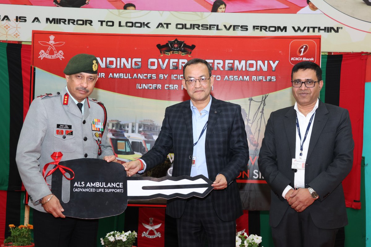 official_dgar's tweet photo. ICICI BANK HANDS OVER FOUR AMBULANCES TO ASSAM RIFLES ON THE OCCASION OF THE 190TH RAISING DAY
@ICICIBank marked a significant contribution under Corporate Social Responsibility (CSR) project for the welfare of the troops with the official handover of four Ambulances (Advance Life Support) to the #AssamRifles, as part of a special ceremony commemorating the 190th #RaisingDay of the Assam Rifles on 24 Mar 2025. The event, held at the Assam Rifles Headquarters, Shillong underscores the commitment of ICICI Bank towards supporting the brave men and women of the Forces.
@adgpi @HMOIndia @PIBHomeAffairs @SpokespersonMoD