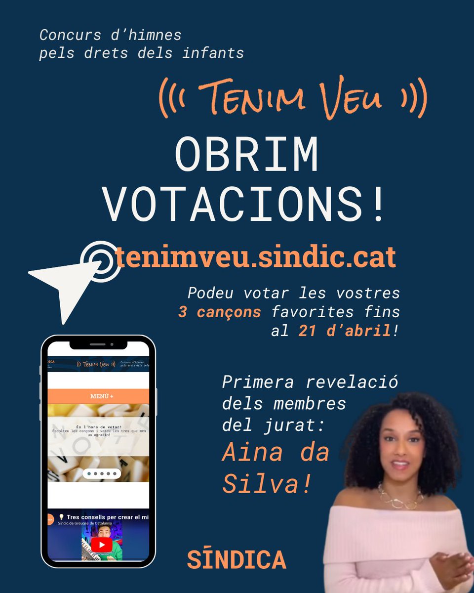 📥 Ja hem obert les votacions del concurs d’himnes #TenimVeuSíndica!
📅 Teniu fins al 21 d’abril per votar les 3 vostres cançons favorites!

ℹ️ Trobareu més informació a tenimveu.sindic.cat!