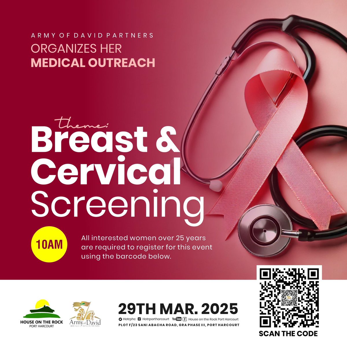 This Sat., March 29, 2025, Army of David, the charitable arm of House on the Rock, Port Harcourt, invites you to a free Breast &amp; Cervical Screening at 10:00 AM at House on the Rock, Port Harcourt.

Register now: forms.gle/FbQ1LhPe4oPY9H…

#ArmyOfDavid
#HouseOnTheRockPortHarcourt