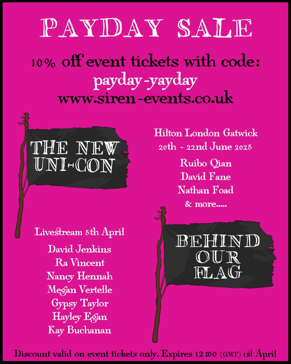 Happy Payday to those who celebrate! 
From now until April 1st you can get 10% off tickets for #TheNewUniCon and #BehindOurFlag (single panels, including <a href="/david_jenkins__/">David Jenkins</a> and the whole event). 
#OurFlagMeansDeath #OFMD #OFMDBTS #SirenEvents #TNUC #TNUCon #BehindOurFlag