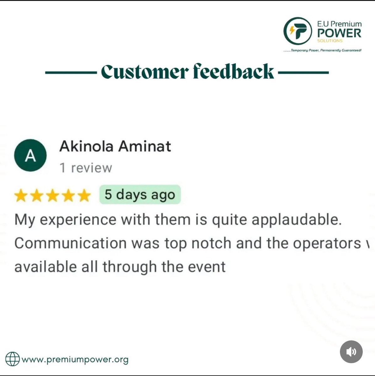 ppsolutions_'s tweet image. Is it Premium Power Solutions if our customers don&apos;t leave heart-warming reviews like this?

To book a generator , call us on 08099700004 or 09160205000 to secure your booking.

#premiumpower #generatorrentalsinlagos 
#generatorforrent #eventvendors 
#NoMoreBlackouts