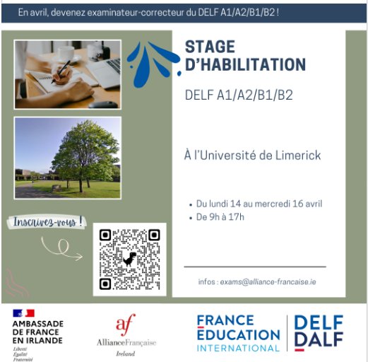 French Language in Ireland (@acpf_irlande) on Twitter photo 🔹️🔷️Devenez examinateur-correcteur du #delf
📍Université de Limerick
✏️ Du 14 au 16 avril 2025
<a href="/af_limerick/">Alliance Française de Limerick</a> <a href="/UL/">University Of Limerick</a> <a href="/FEI_sevres/">France Éducation international</a>
<a href="/TCFDILFDELFDALF/">TCF DILF DELF DALF</a> <a href="/FranceinIreland/">France in Ireland 🇫🇷 🇪🇺</a>
💯🤩🎈 Inscrivez-vous! C' est gratuit !
👉urlr.me/s5akGj 🔹️🔷️Devenez examinateur-correcteur du #delf
📍Université de Limerick
✏️ Du 14 au 16 avril 2025
<a href="/af_limerick/">Alliance Française de Limerick</a> <a href="/UL/">University Of Limerick</a> <a href="/FEI_sevres/">France Éducation international</a>
<a href="/TCFDILFDELFDALF/">TCF DILF DELF DALF</a> <a href="/FranceinIreland/">France in Ireland 🇫🇷 🇪🇺</a>
💯🤩🎈 Inscrivez-vous! C' est gratuit !
👉urlr.me/s5akGj
