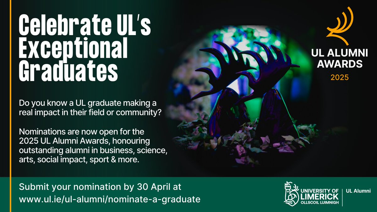 Do you know an exceptional UL graduate making an impact? 
Nominations for the 2025 UL Alumni Awards are now open!
Honouring leaders in business, science, the arts, sport, and more.
Submit yours by 30 April: ul.ie/ul-alumni/nomi…