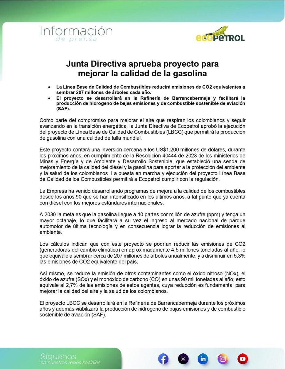 larepublica_co's tweet photo. #Atento | Ecopetrol aprobó la ejecución del proyecto "Línea Base de Calidad de Combustibles", que pretende garantizar la producción de combustibles cumpliendo los estándares internacionales, labores que se adelantarán en la refinería de Barrancabermeja https://t.co/BFgq1pcJHE