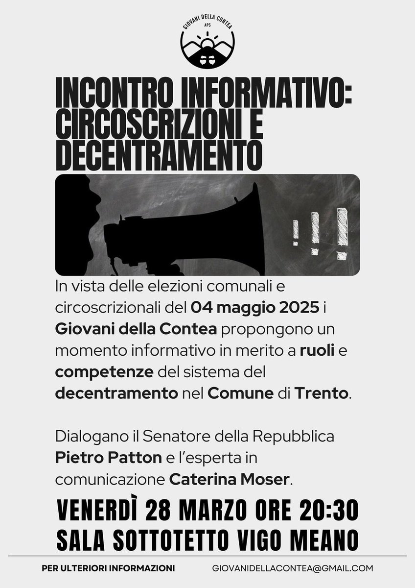 Il 𝟐𝟖 𝐦𝐚𝐫𝐳𝐨 𝐨𝐫𝐞 𝟐𝟎:𝟑𝟎 presso la sala sottotetto di Vigo Meano sarò ospite all' #incontroinformativo a cura dei 𝐆𝐢𝐨𝐯𝐚𝐧𝐢 𝐝𝐞𝐥𝐥𝐚 𝐂𝐨𝐧𝐭𝐞𝐚: circoscrizioni e decentramento nel #ComunediTrento.  #SenatorePietroPatton