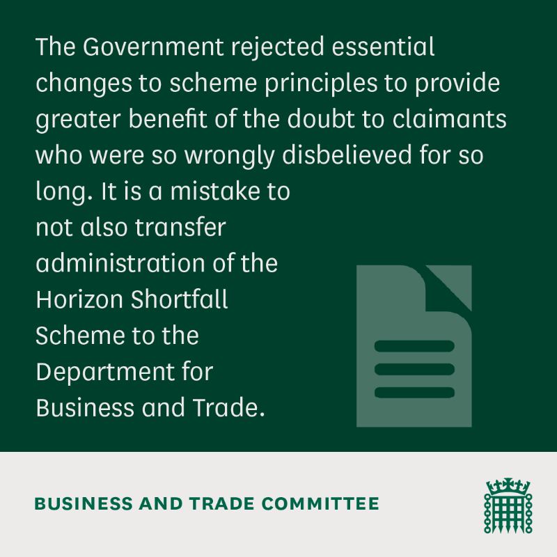 CommonsBTC's tweet photo. We're calling on the Government to rethink its response to our report on the road to achieving justice and redress for victims of the Post Office Horizon IT scandal.
We're asking @biztradegovuk to reconsider and resubmit its response.
Learn more ๐