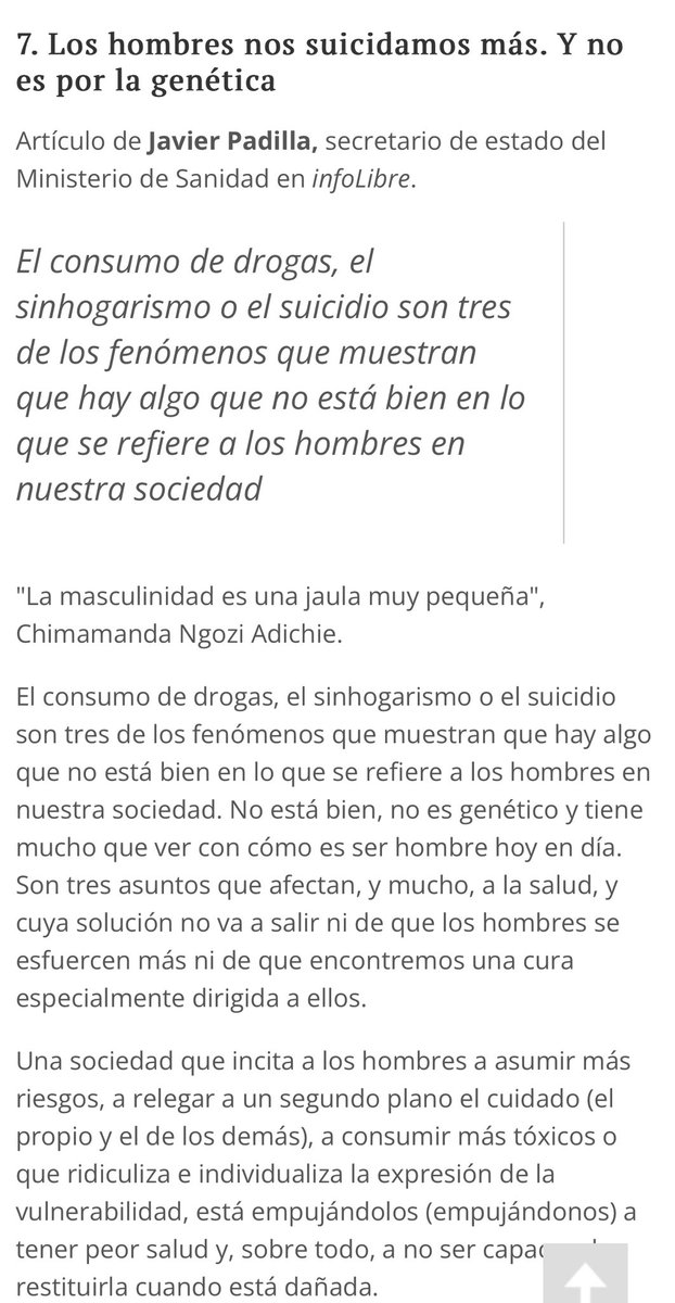 Los hombres nos suicidamos +. Y no es por la genética: <a href="/javierpadillab/">Javier Padilla</a> <a href="/sanidadgob/">Ministerio de Sanidad</a>

El consumo de drogas, el sinhogarismo o el #suicidio son 3 fenómenos que muestran que hay algo que no está bien en los hombres en la sociedad

Mis #CrónicasSanitarias 

🔴elindependientedegranada.es/ciudadania/cro…