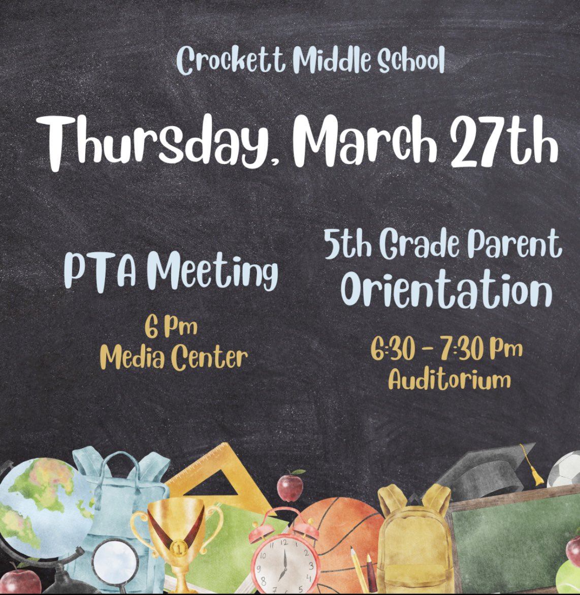 Crockett Middle School (@htsd_crockett) on Twitter photo Attention Parents: Please join us for 5th grade orientation for upcoming 6th graders. Meet administrators and teachers and get a tour of Crockett. PTA meeting is at 6pm and the orientation starts at 6:30pm. This event is for parents only! ๐๐พ๐ <a href="/FinacchioMatt/">Matt Finacchio</a> <a href="/CrockettPta/">Crockett Middle School PTA</a> Attention Parents: Please join us for 5th grade orientation for upcoming 6th graders. Meet administrators and teachers and get a tour of Crockett. PTA meeting is at 6pm and the orientation starts at 6:30pm. This event is for parents only! ๐๐พ๐ <a href="/FinacchioMatt/">Matt Finacchio</a> <a href="/CrockettPta/">Crockett Middle School PTA</a>