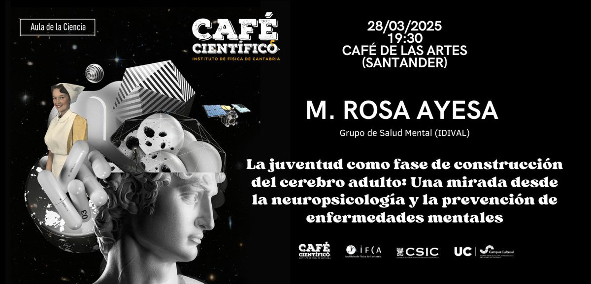 CafeScIFCA's tweet image. ⚫️«La juventud como fase de construcción del cerebro adulto: Una mirada desde la neuropsicología y la prevención de enfermedades mentales»
☕️Con Rosa Ayesa Arriola (@AyesaRosa), grupo de salud mental (@IDIVALdecilla
📍 28/03, 19:30, Café de las Artes
📲ifca.unican.es/es-es/seminar?…