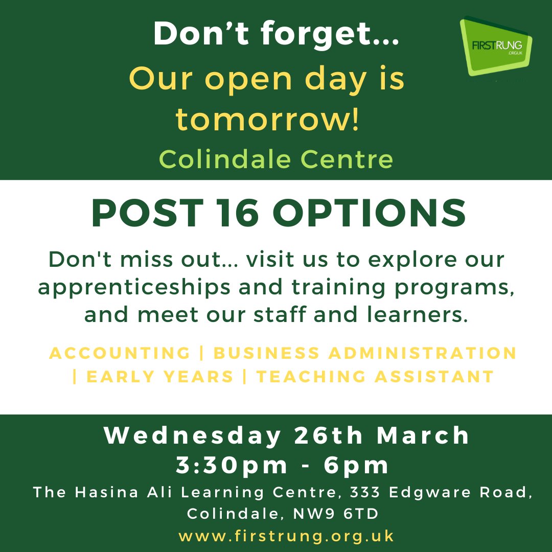 🚀 Colindale Centre Open Day — Tomorrow! 🎉 

Explore Post-16 options in Accounting, Business Administration, Early Years &amp; Teaching Assistant programmes.

📅 Wednesday, 26th March 2025. | ⏰ 3:30pm — 6pm.
📍 Hasina Ali Learning Centre, 333 Edgware Road, Colindale, NW9 6TD