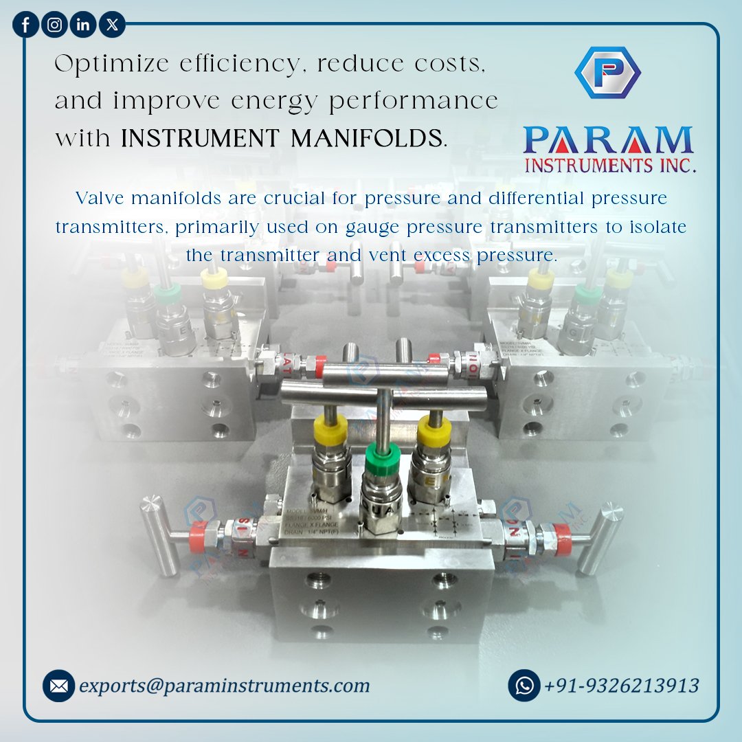 Param Instruments Inc. (@param_inc_) on Twitter photo Instrument manifolds are crucial for pressure measurement applications, providing equalization, venting, and isolation, often connected with pressure transmitters and gauges.
Email: exports@paraminstruments.com
WhatsApp: +919326213913
#industrial #manifolds #steel #MadeInIndia Instrument manifolds are crucial for pressure measurement applications, providing equalization, venting, and isolation, often connected with pressure transmitters and gauges.
Email: exports@paraminstruments.com
WhatsApp: +919326213913
#industrial #manifolds #steel #MadeInIndia