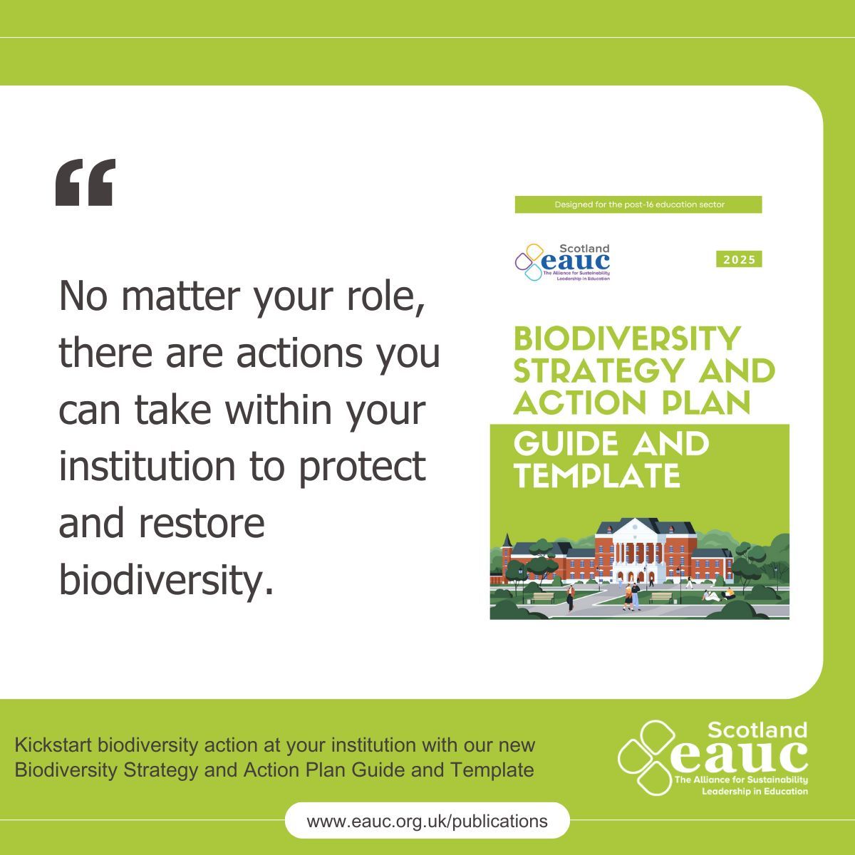 📢  New resource: Biodiversity Strategy and Action Plan Guide and Template

Our new resource recognises that everyone has a role in protecting and restoring biodiversity, emphasising the importance of whole institution response in the FHE sector. 

🔗 eauc.org.uk/biodiversity_g…