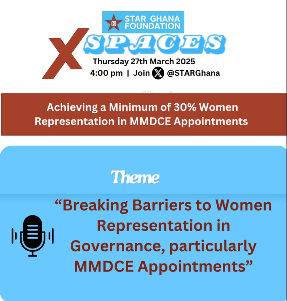 STAR-Ghana Foundation (@starghana) on Twitter photo Join <a href="/STARGhana/">STAR-Ghana Foundation</a> for an X-Space discussion on “Women’s Representation in Local Governance” as we break barriers & push for gender-inclusive leadership.
Thu, 27th March 2025 | ⏰ 4PM - 6PM | 📍X: <a href="/STARGhana/">STAR-Ghana Foundation</a>. Set a reminder & join the conversation! Join <a href="/STARGhana/">STAR-Ghana Foundation</a> for an X-Space discussion on “Women’s Representation in Local Governance” as we break barriers & push for gender-inclusive leadership.
Thu, 27th March 2025 | ⏰ 4PM - 6PM | 📍X: <a href="/STARGhana/">STAR-Ghana Foundation</a>. Set a reminder & join the conversation!