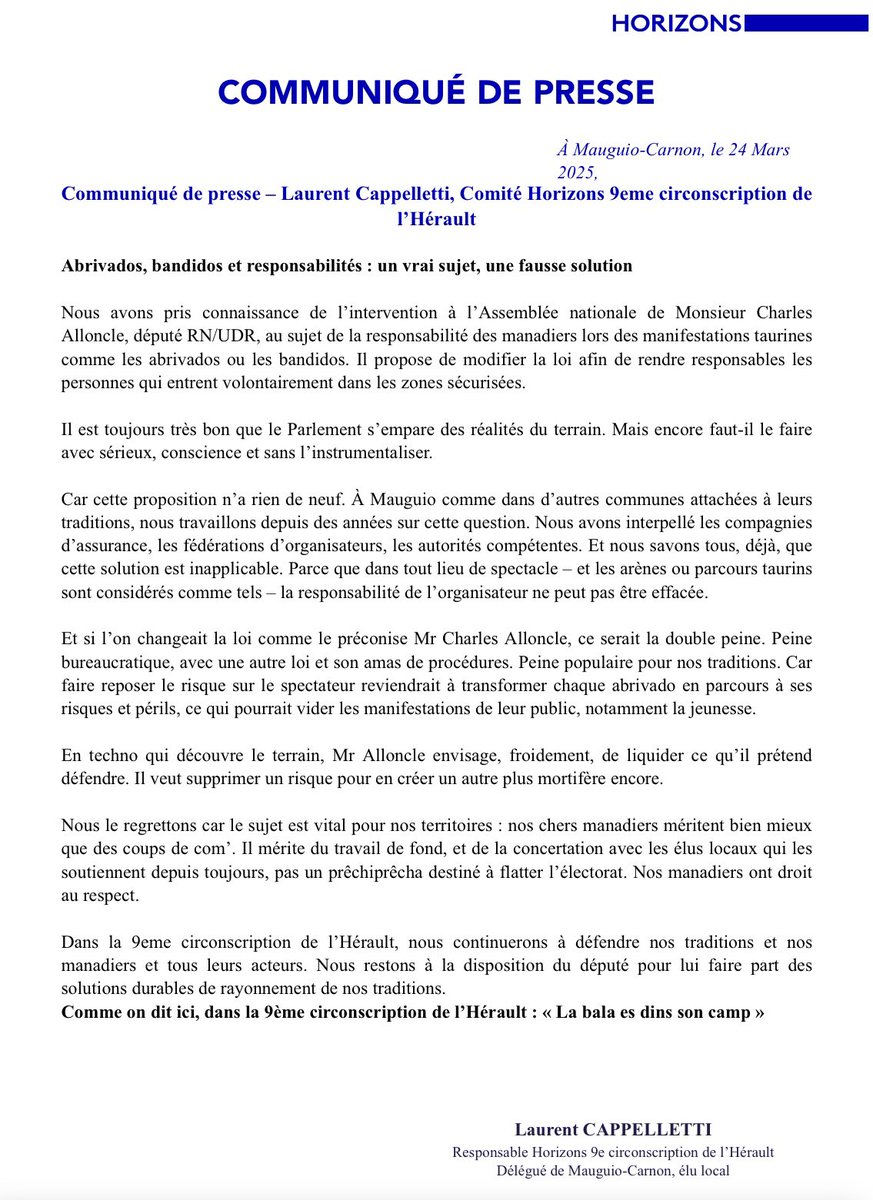 34_constructifs's tweet image. ♉️#Abrivados : un vrai sujet, une fausse solution.
Le député #Alloncle recycle une proposition déjà étudiée (et rejetée) car inapplicable juridiquement. Et si la loi changeait comme il le préconise, ce serait mortifère pour la popularité de nos traditions. Notre communiqué 👉