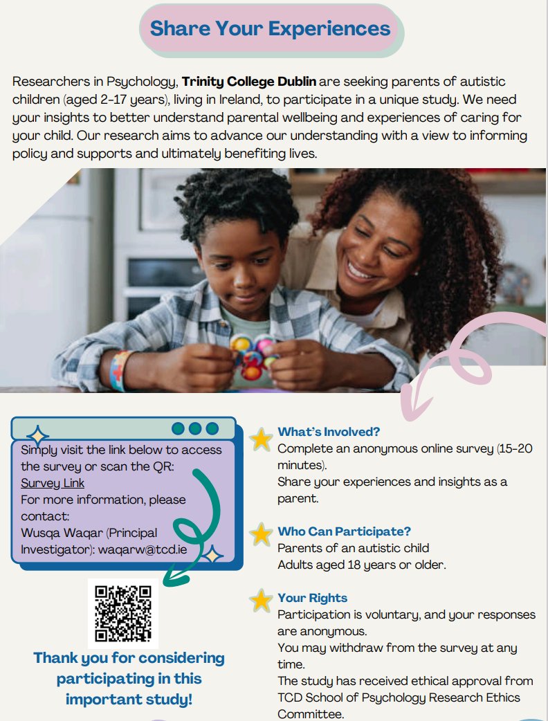 PsychologyTCD's tweet image. We’re conducting an important research study to better understand the experiences of parents caring for autistic children.
🕒 It takes only 15-20 minutes.
🔗 Click here to take part in the survey: tinyurl.com/mtv4prsu
📩 Please share with other parents who may be interested!