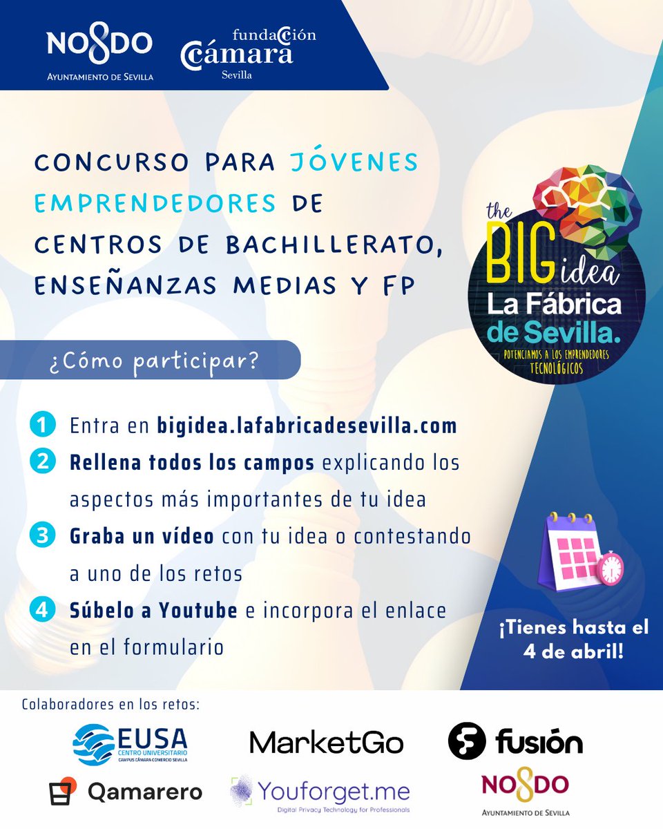 💡¡Últimos días para participar en #TheBigIdea!

The Big Idea es una actividad perfecta para que los estudiantes muestren sus ideas innovadoras

✅¡Un concurso diseñado para aquellos que quieren hacer algo grande!

📅¡Hasta el 4 de abril!👇

bigidea.lafabricadesevilla.com