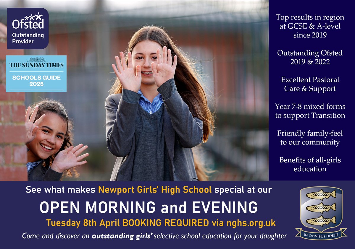 Newport Girls' High School Open Morning and Evening - BOOKING ESSENTIAL!
Tuesday 8th April 9.30-11am and 4.30-7pm
Book here:
trybooking.com/uk/EKPM