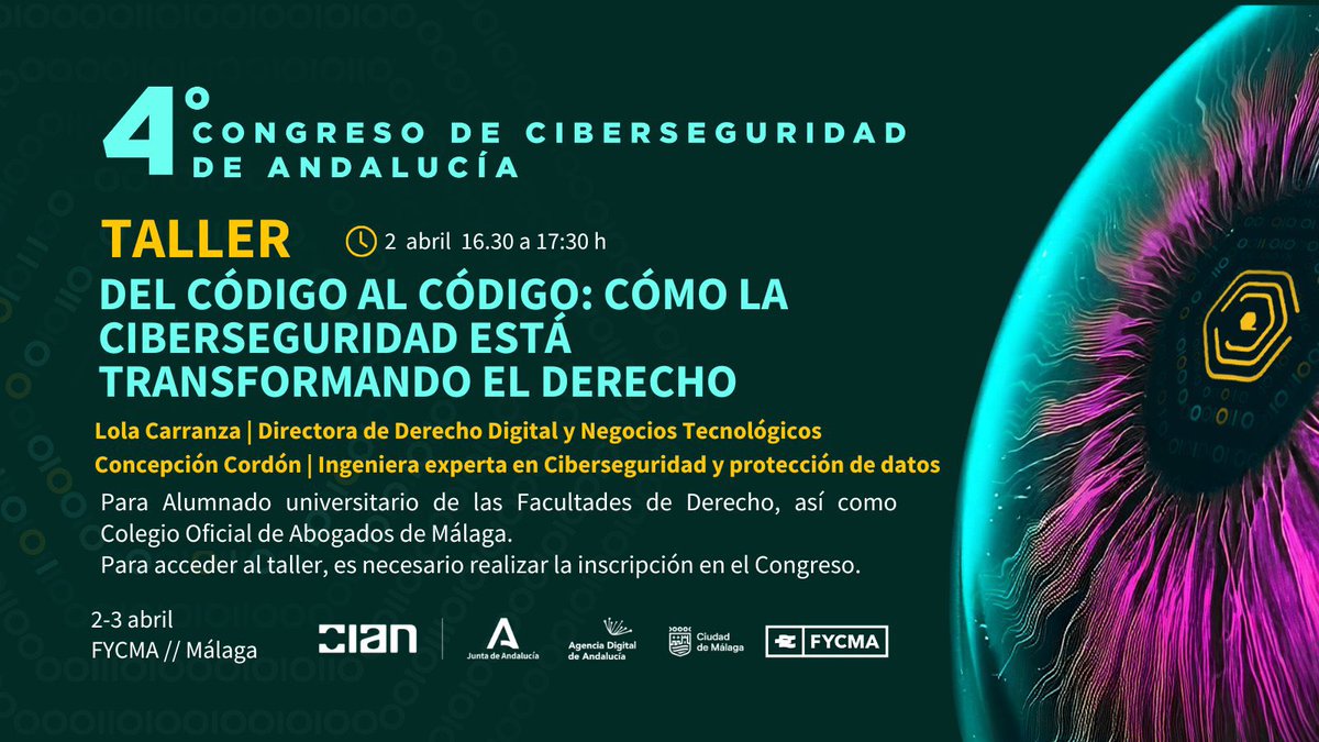 📢🔐 #EventosWD | La ciberseguridad y el derecho digital te interesan!🚀⚖️

Vente al taller que organizamos #WomANDigital en #CiberseguridadAND ⬇️⬇️
📆 2 abril
⏰16:30-17:30h
📍<a href="/Fycma/">Fycma</a> 
🎟 Plazas limitadas. Es necesaria inscripción previa al Congreso 
🔗Inscripciones: