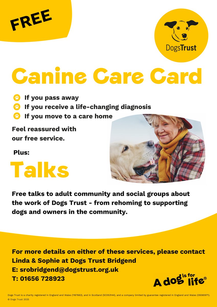Neath Town Council (@neathtcouncil) on Twitter photo 🐶💛 Free Canine Care Card! Ensure your dog is cared for if anything happens to you. Plus, free talks on Dogs Trust’s work!
📩 srobridgend@dogstrust.org.uk
📞 01656 728923
A dog is for life! 🐾 #DogsTrust #CanineCareCard #ADogIsForLife 🐶💛 Free Canine Care Card! Ensure your dog is cared for if anything happens to you. Plus, free talks on Dogs Trust’s work!
📩 srobridgend@dogstrust.org.uk
📞 01656 728923
A dog is for life! 🐾 #DogsTrust #CanineCareCard #ADogIsForLife